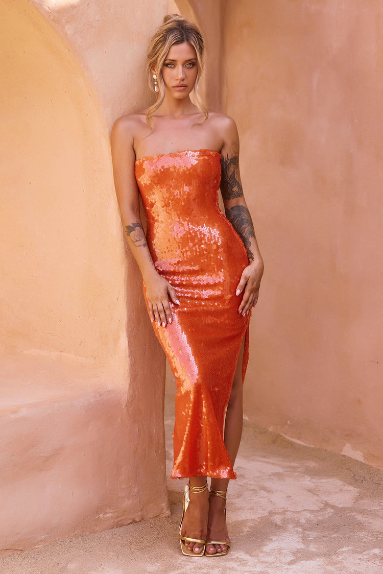 Bright Breezy Sequin Midi Dress - Orange