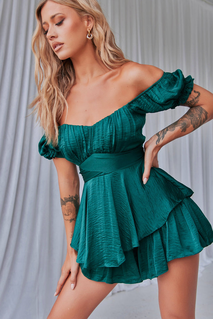 Ground Theory Off-the Shoulder Playsuit - Forest Green