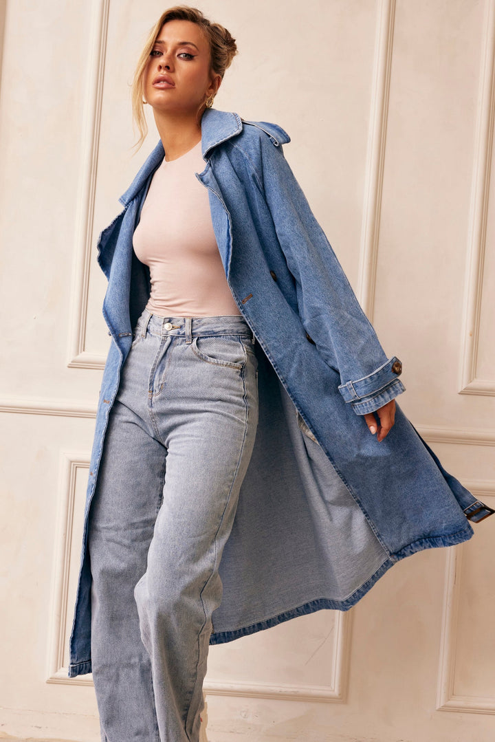 Double Take Denim Trench Coat - Blue