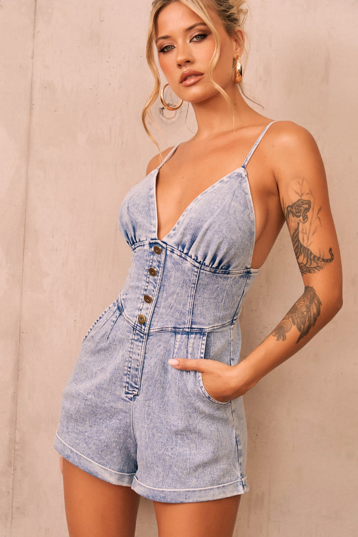 Cup Of Love Denim Playsuit - Washed Blue