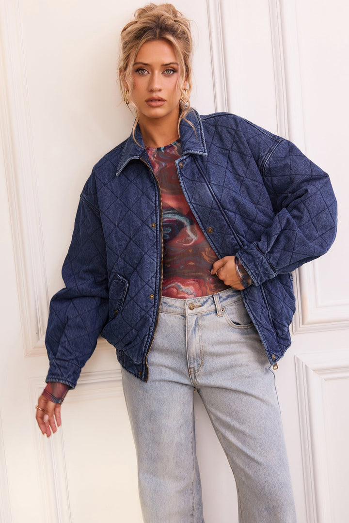 Dream Big Quilted Denim Jacket - Dark Blue