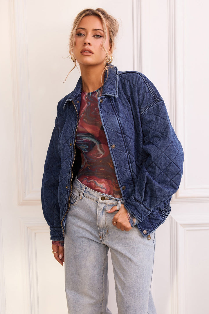 Dream Big Quilted Denim Jacket - Dark Blue