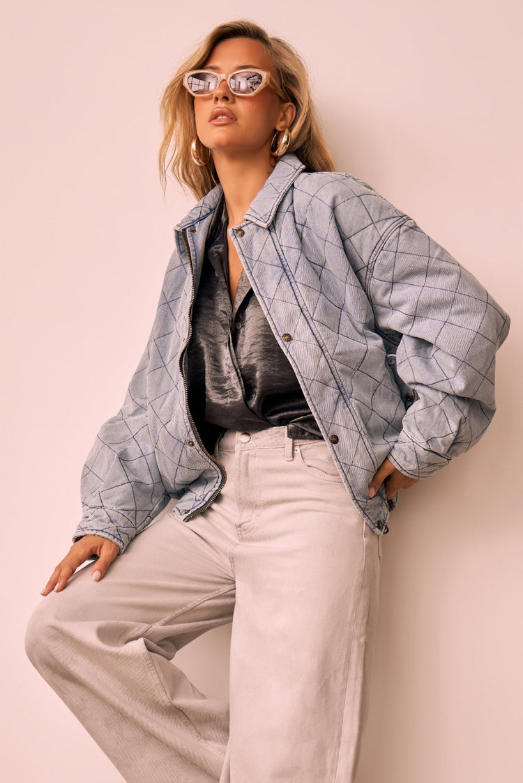 Dream Big Quilted Denim Jacket - Washed Blue