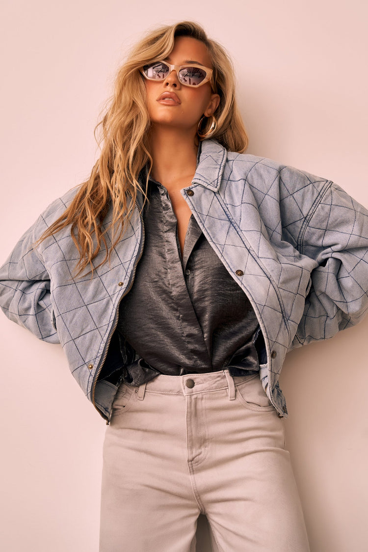 Dream Big Quilted Denim Jacket - Washed Blue