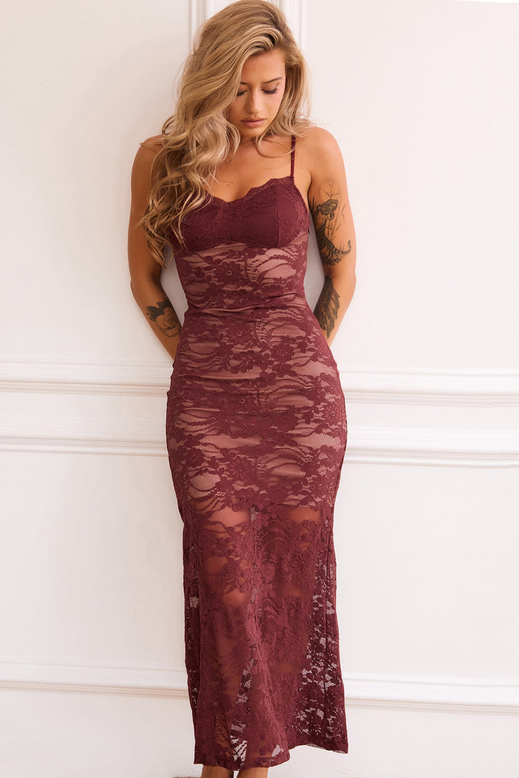 Feel It Still Lace Midi Dress - Wine